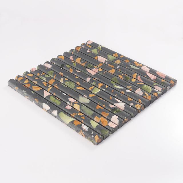 Black Terrazzo Fluted Wall Mosaic Tile for Powder Room and Walls — mosaic rãnh sọc (fluted) bằng đá terrazzo đen
