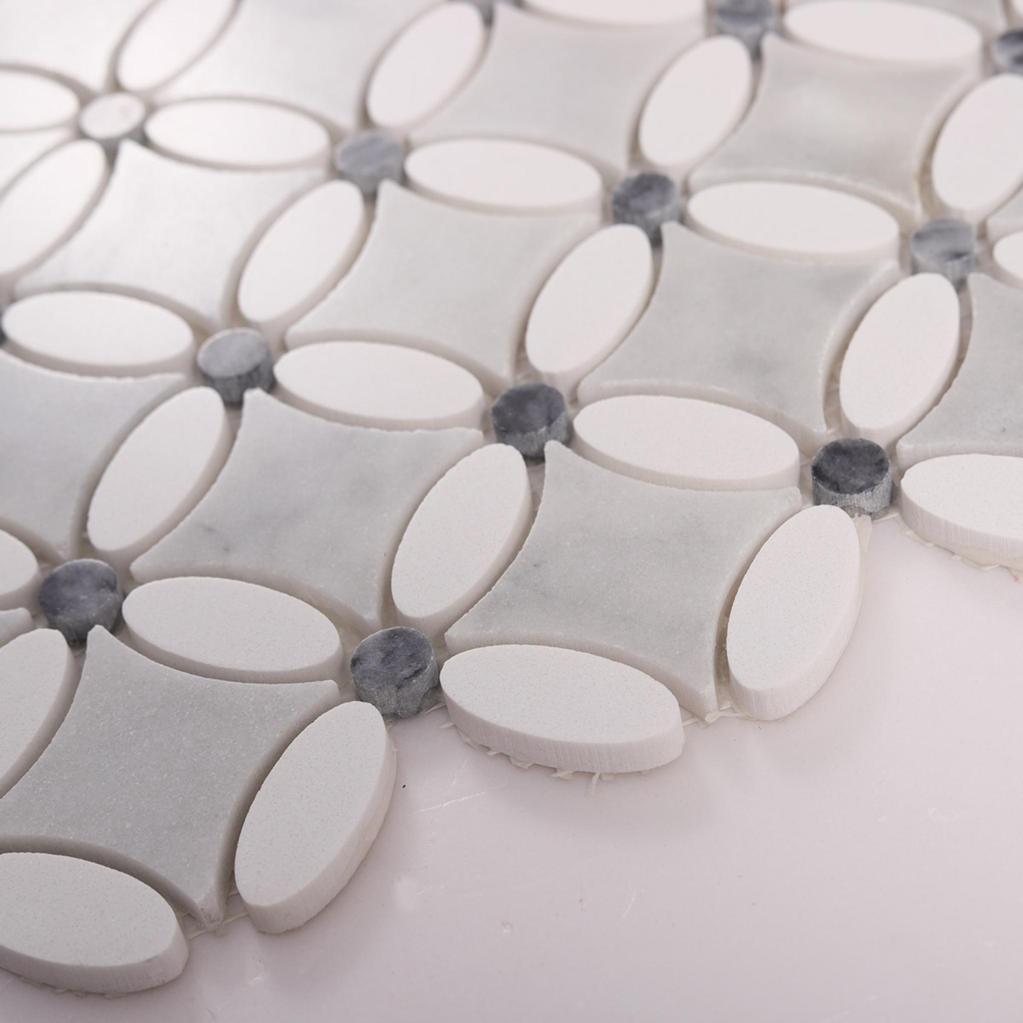 Thassos Gray and White Floral Marble Mosaic Tiles — mosaic hoa văn waterjet bằng đá marble trắng & xám