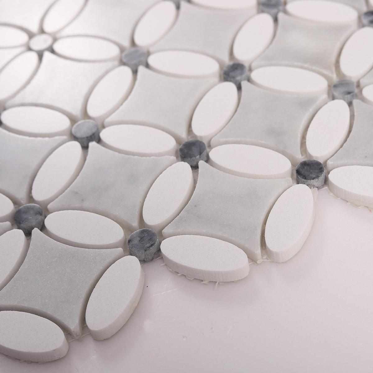 Thassos Gray and White Floral Marble Mosaic Tiles — mosaic hoa văn waterjet bằng đá marble trắng & xám
