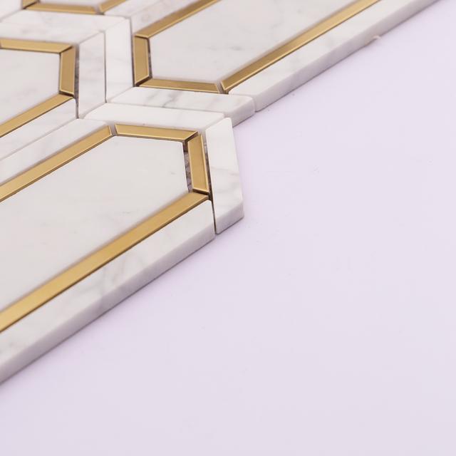 White and Gold Metal Border Picket Marble Tile — mosaic ghép nghệ thuật bằng đá marble trắng & vàng