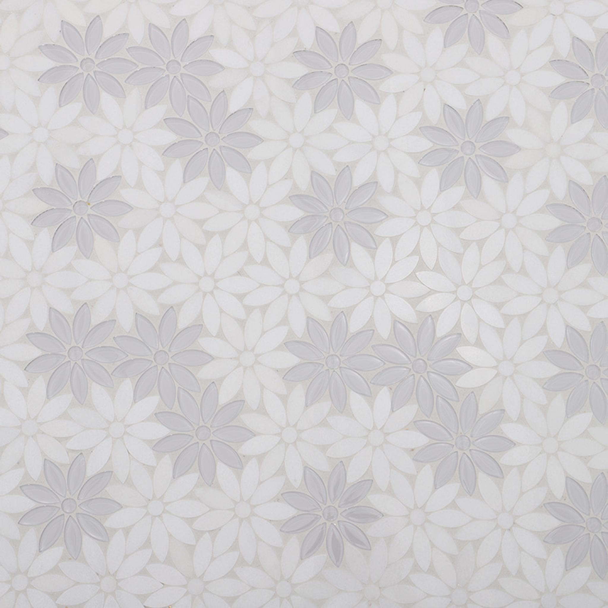 White Glass and Marble Daisy Flower Mosaic Tile for Wall and Floor — mosaic hoa văn waterjet bằng đá marble trắng