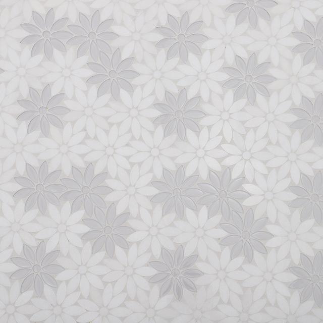 White Glass and Marble Daisy Flower Mosaic Tile for Wall and Floor — mosaic hoa văn waterjet bằng đá marble trắng