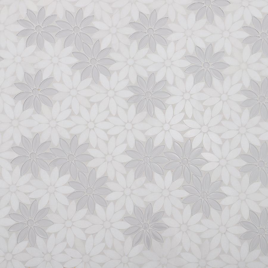 White Glass and Marble Daisy Flower Mosaic Tile for Wall and Floor — mosaic hoa văn waterjet bằng đá marble trắng