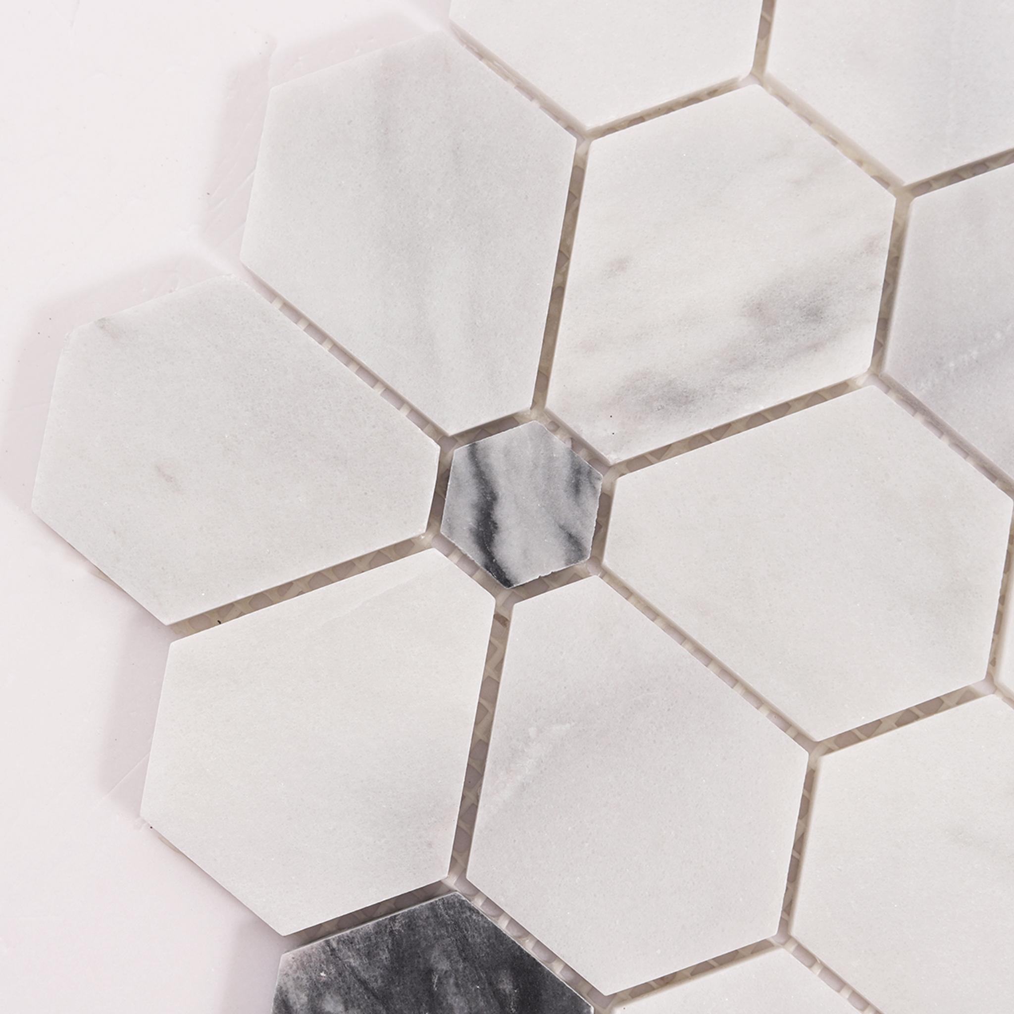 Carrara White Hexagon Flower Marble Mosaic Tiles — mosaic lục giác bằng đá marble trắng & trắng Carrara