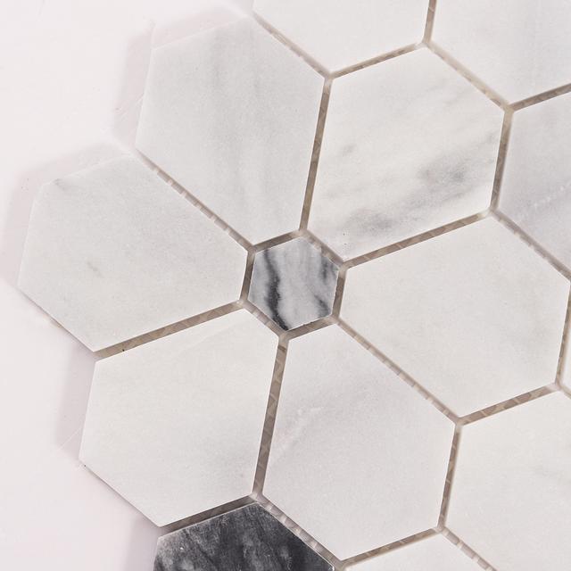 Carrara White Hexagon Flower Marble Mosaic Tiles — mosaic lục giác bằng đá marble trắng & trắng Carrara