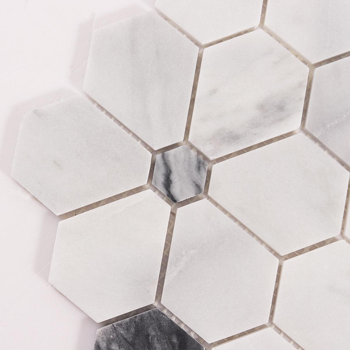 Carrara White Hexagon Flower Marble Mosaic Tiles — mosaic lục giác bằng đá marble trắng & trắng Carrara