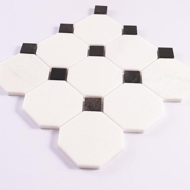 White Octagon Marble Mosaic With Black Square  Wall And Floor Tile — mosaic vuông bằng đá marble đen & trắng
