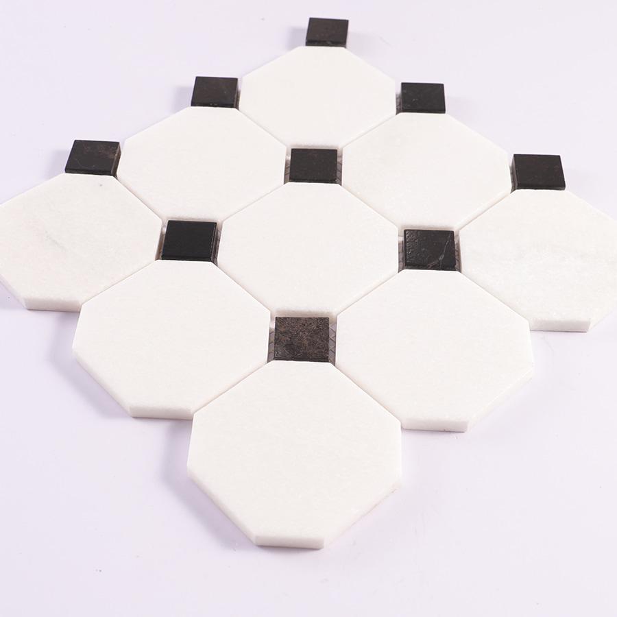 White Octagon Marble Mosaic With Black Square Wall And Floor Tile — mosaic vuông bằng đá marble đen & trắng