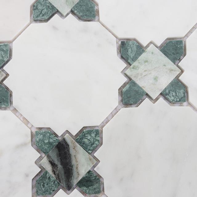White and Green Marble Mosaic Wall and Floor Tile with Green Diamond — mosaic ghép nghệ thuật bằng đá marble trắng & xanh lục