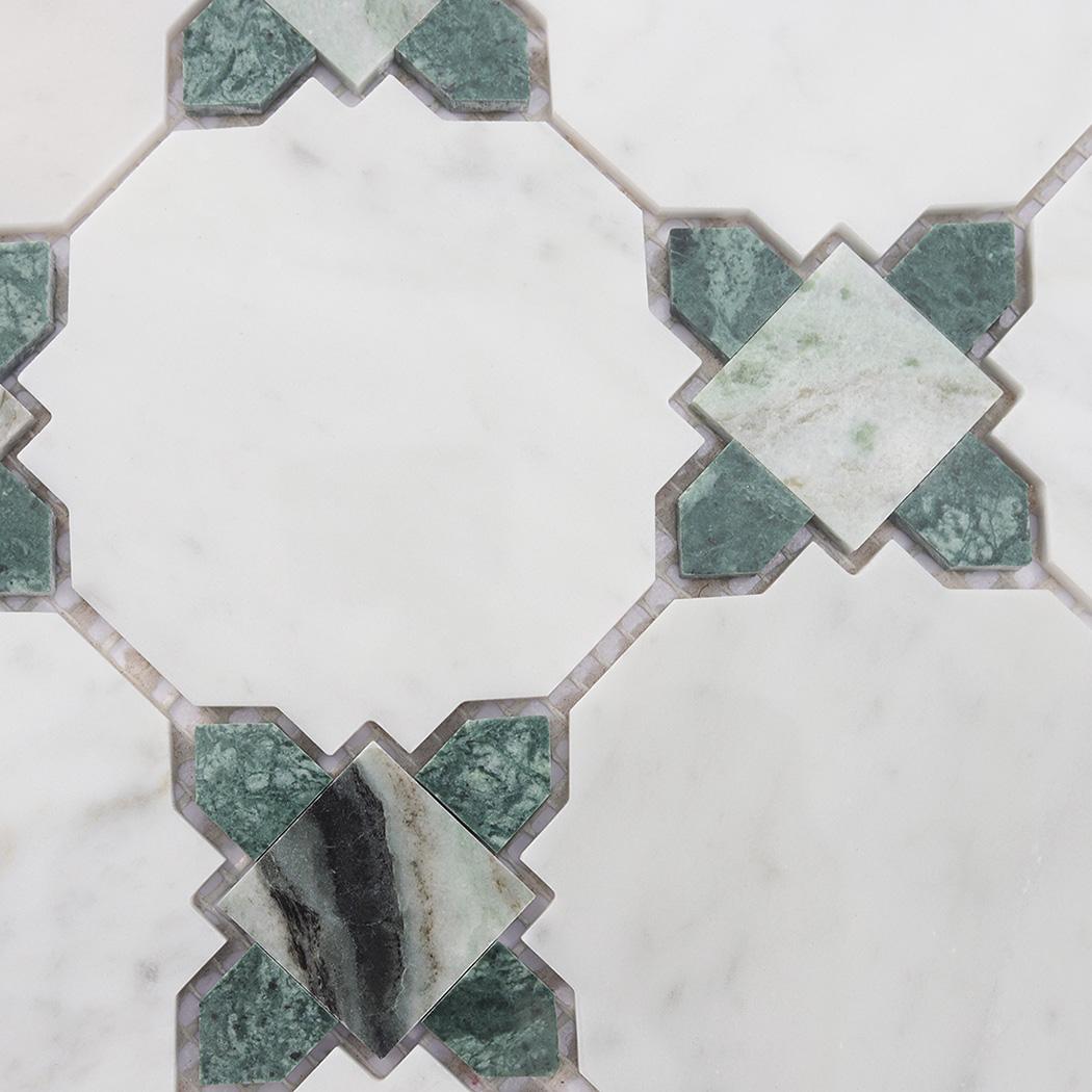 White and Green Marble Mosaic Wall and Floor Tile with Green Diamond — mosaic ghép nghệ thuật bằng đá marble trắng & xanh lục