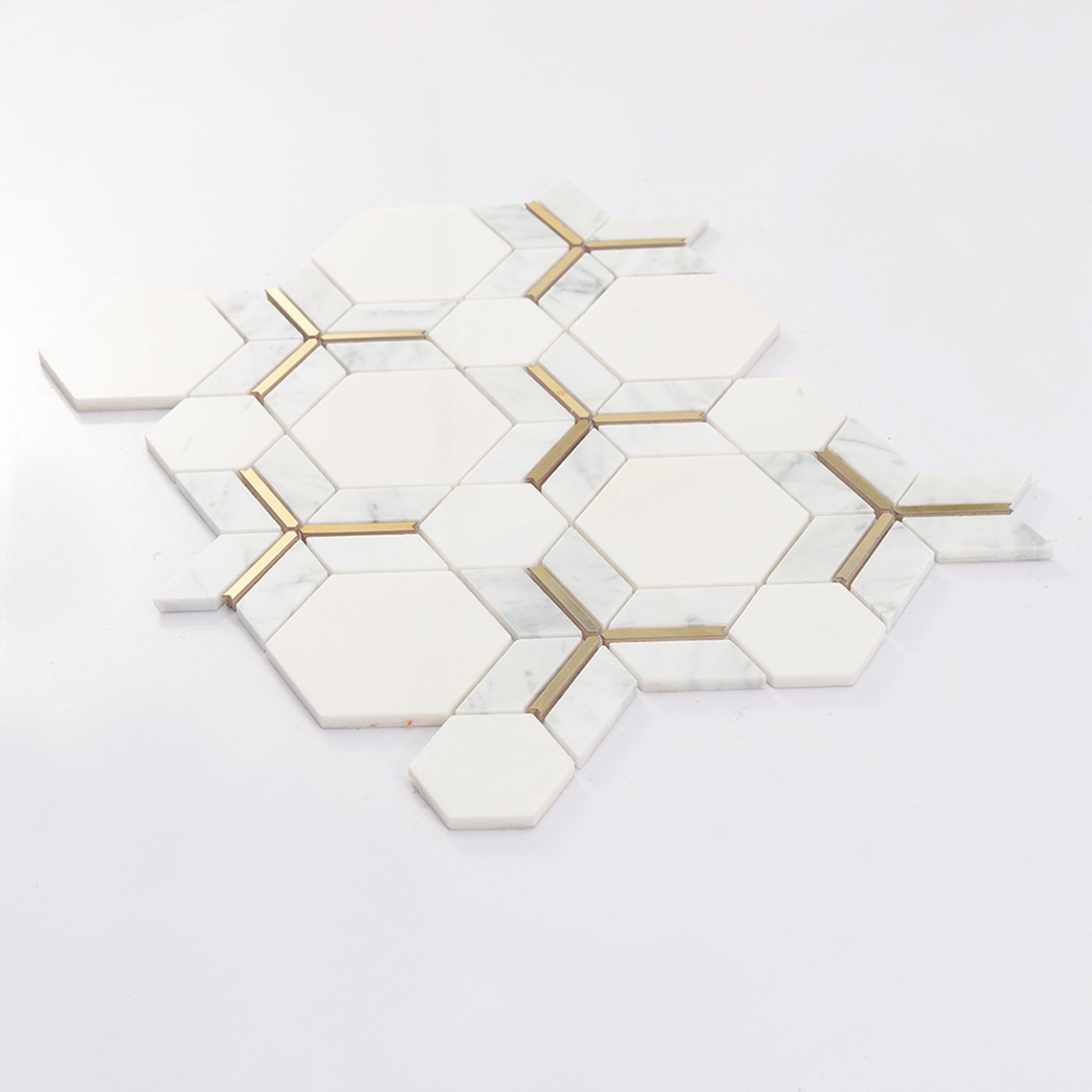 White Hexagon Marble Mosaic Tile with Gold Metal Line Inserts — mosaic lục giác bằng đá marble trắng & vàng