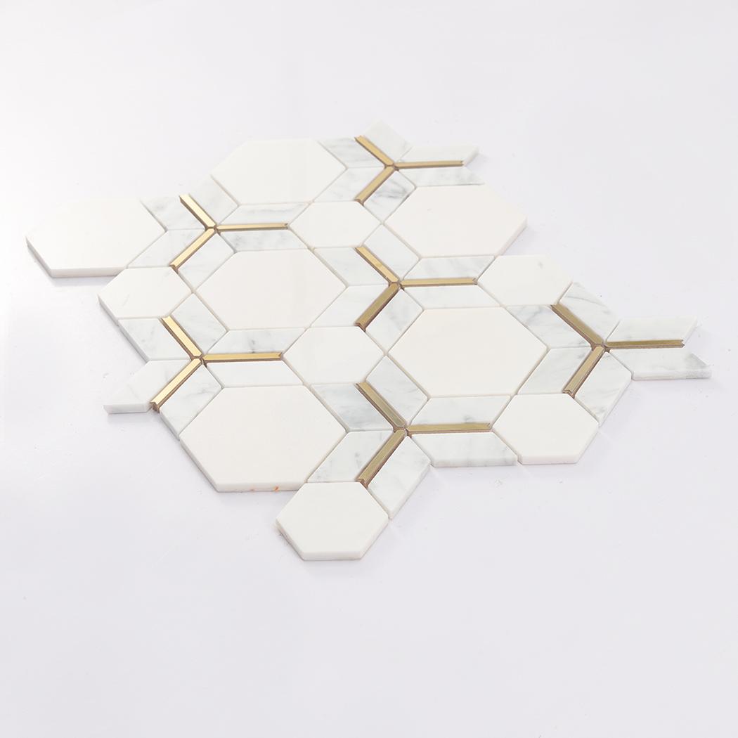 White Hexagon Marble Mosaic Tile with Gold Metal Line Inserts — mosaic lục giác bằng đá marble trắng & vàng