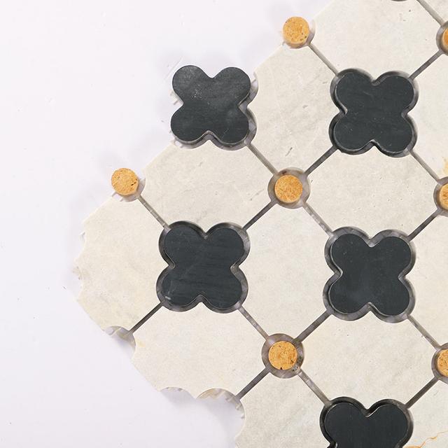 Nero Marquina and Gray Clover Marble Mosaic Tile — mosaic ghép nghệ thuật bằng đá marble xám