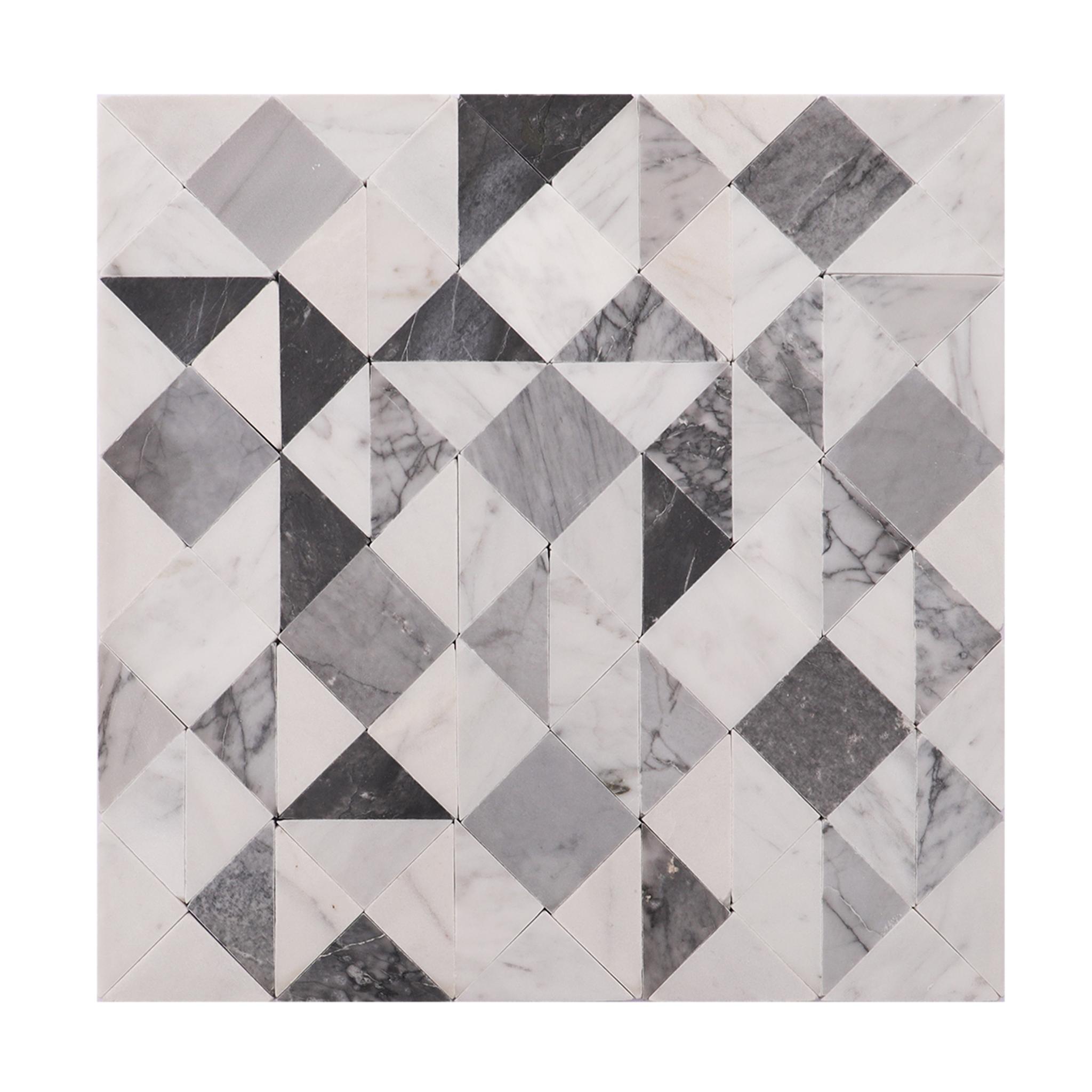 Grey and White Geometric Triangle Honed Marble Mosaic Tiles — mosaic ghép nghệ thuật bằng đá marble trắng & xám
