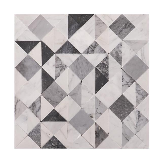 Grey and White Geometric Triangle Honed Marble Mosaic Tiles — mosaic ghép nghệ thuật bằng đá marble trắng & xám