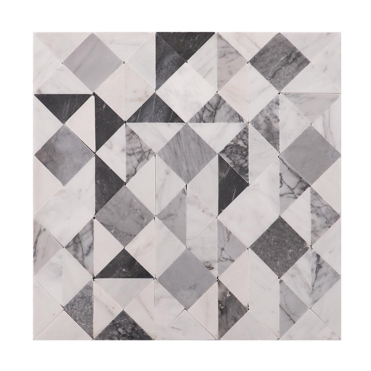 Grey and White Geometric Triangle Honed Marble Mosaic Tiles — mosaic ghép nghệ thuật bằng đá marble trắng & xám