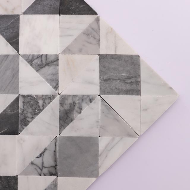 Grey and White Geometric Triangle Honed Marble Mosaic Tiles — mosaic ghép nghệ thuật bằng đá marble trắng & xám