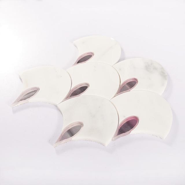 White Marble and Pink Glass Waterjet Mosaic Tile — mosaic hoa văn waterjet bằng đá marble trắng & hồng