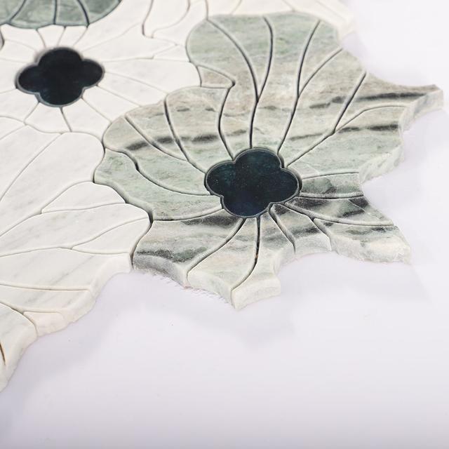 Green and White Floral Marble  Mosaic Tile — mosaic hoa văn waterjet bằng đá marble trắng & xanh lục