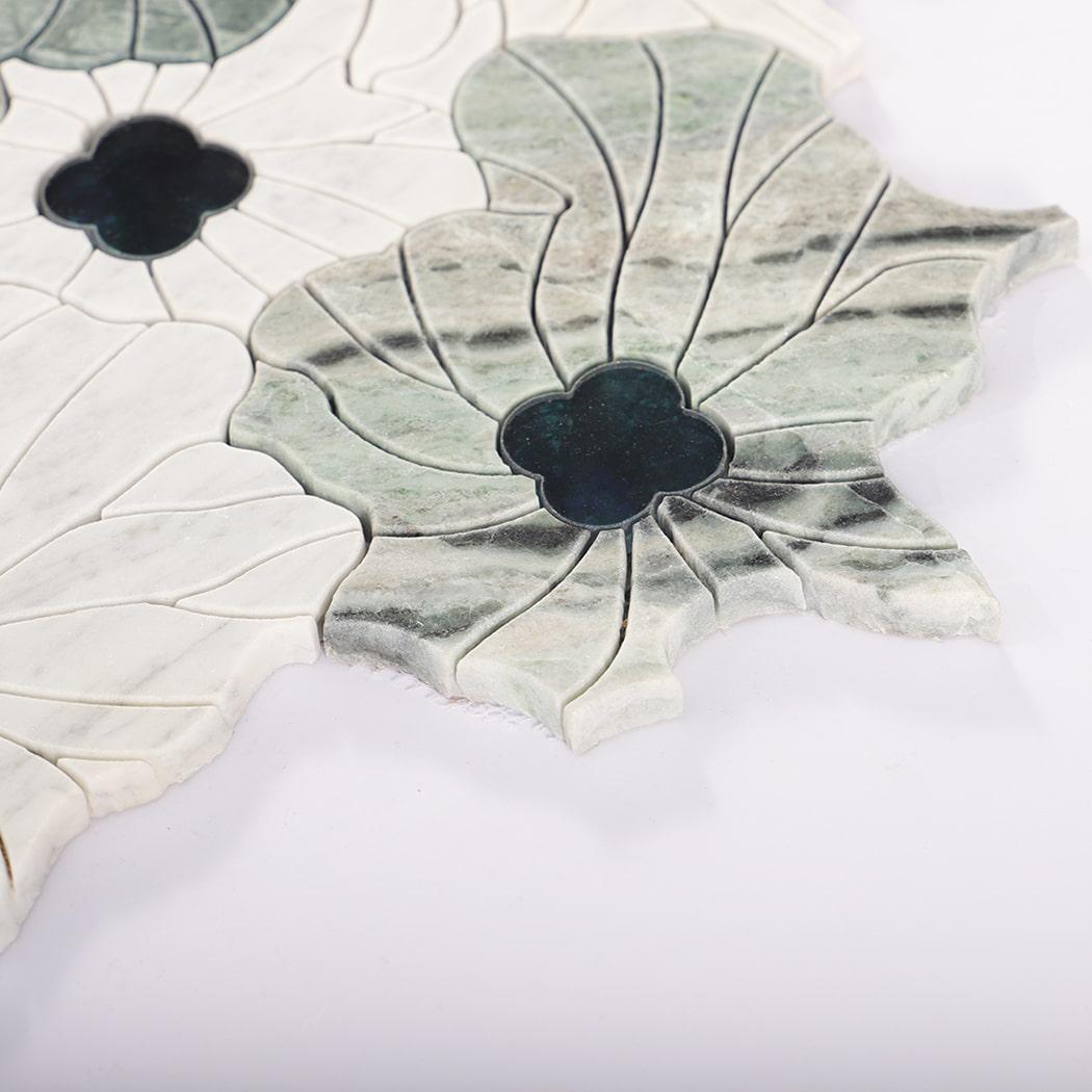 Green and White Floral Marble Mosaic Tile — mosaic hoa văn waterjet bằng đá marble trắng & xanh lục