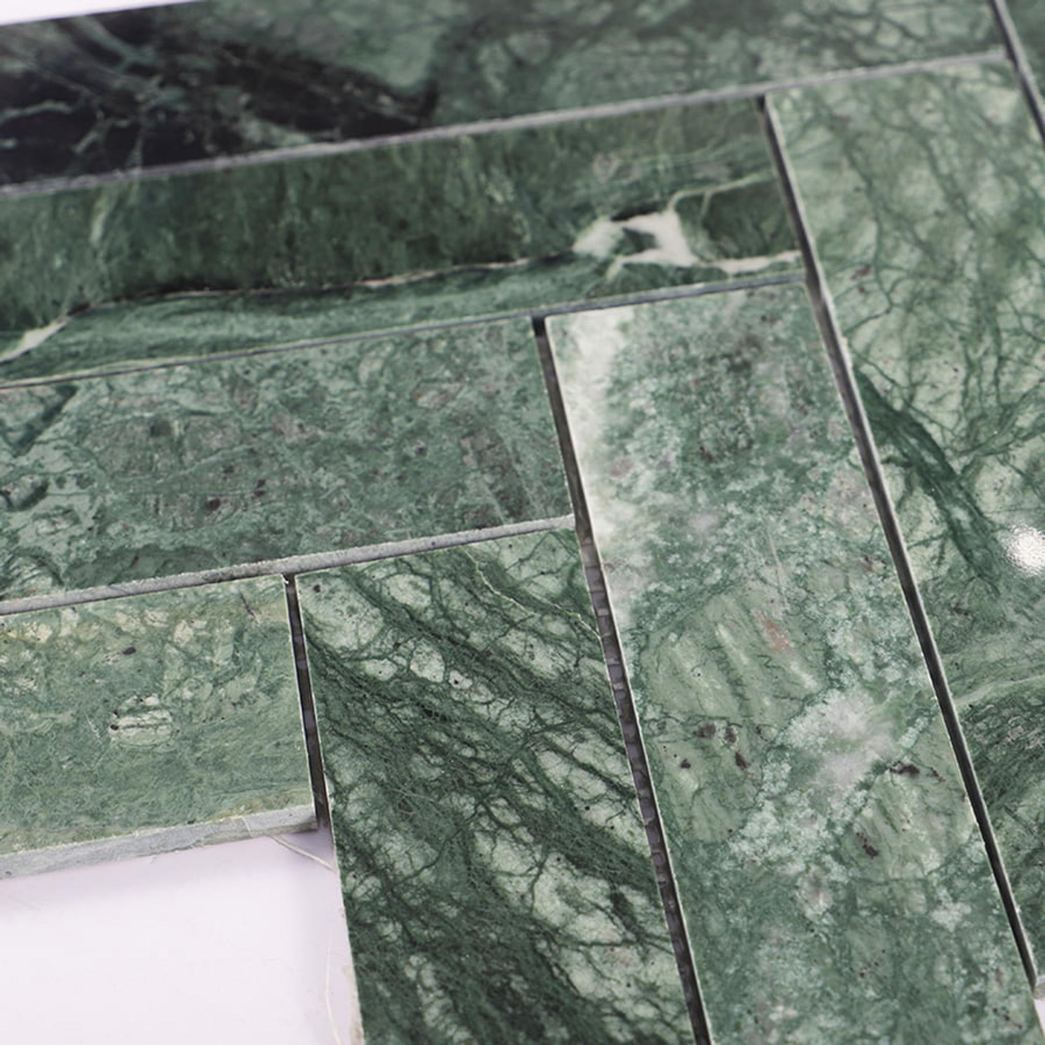Verde Green Herringbone Polished Marble Mosaic Tile — mosaic xương cá bằng đá marble xanh lục