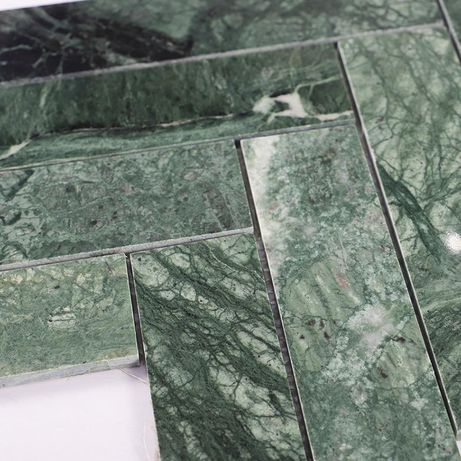 Verde Green Herringbone Polished Marble Mosaic Tile — mosaic xương cá bằng đá marble xanh lục