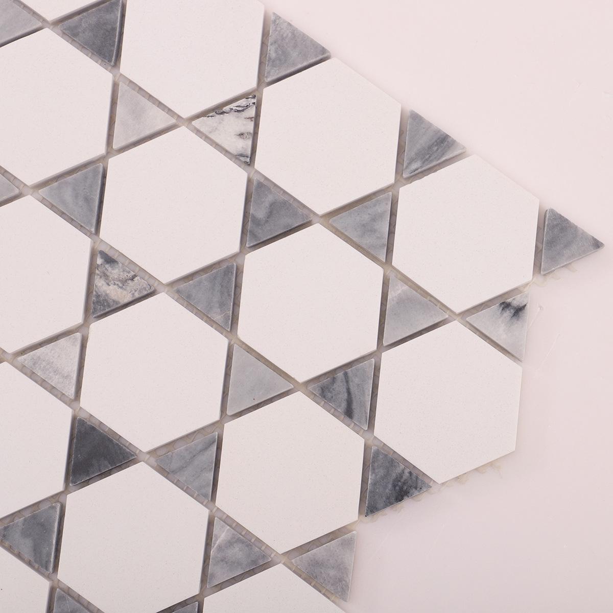 White and Gray Triangle Marble Mosaic Wall Tiles — mosaic lục giác bằng đá marble trắng & xám