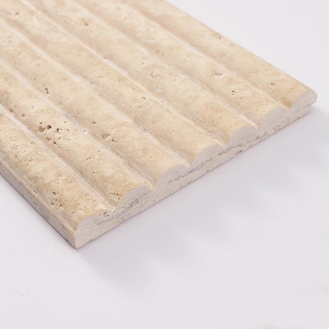 Beige Fluted Travertine Tile: Premium Long Strip Stone Wall — mosaic rãnh sọc (fluted) bằng đá travertine beige