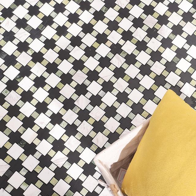 Green Black White Geometric Marble Floor Tile — mosaic ghép nghệ thuật bằng đá marble đen & trắng