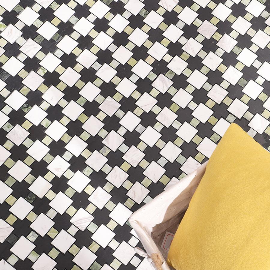 Green Black White Geometric Marble Floor Tile — mosaic ghép nghệ thuật bằng đá marble đen & trắng