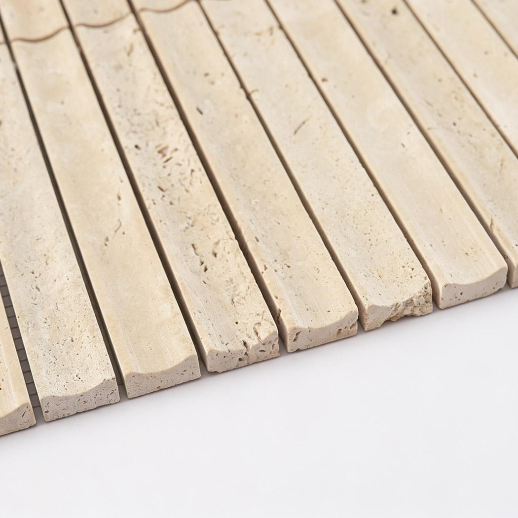 Beige Travertine Stacked Mosaic Curved Fluted Backsplash Tile — mosaic rãnh sọc (fluted) bằng đá travertine beige