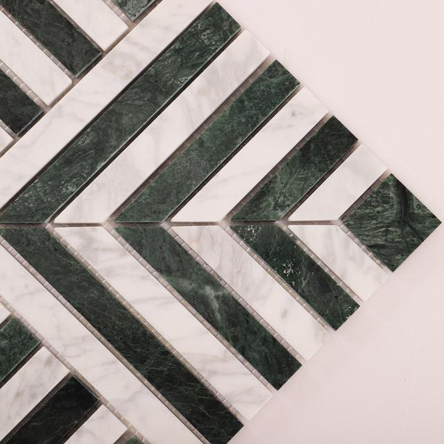 Carrara White and Verde Green Geometric Marble Mosaic Tiles — mosaic ghép nghệ thuật bằng đá marble trắng & xanh lục