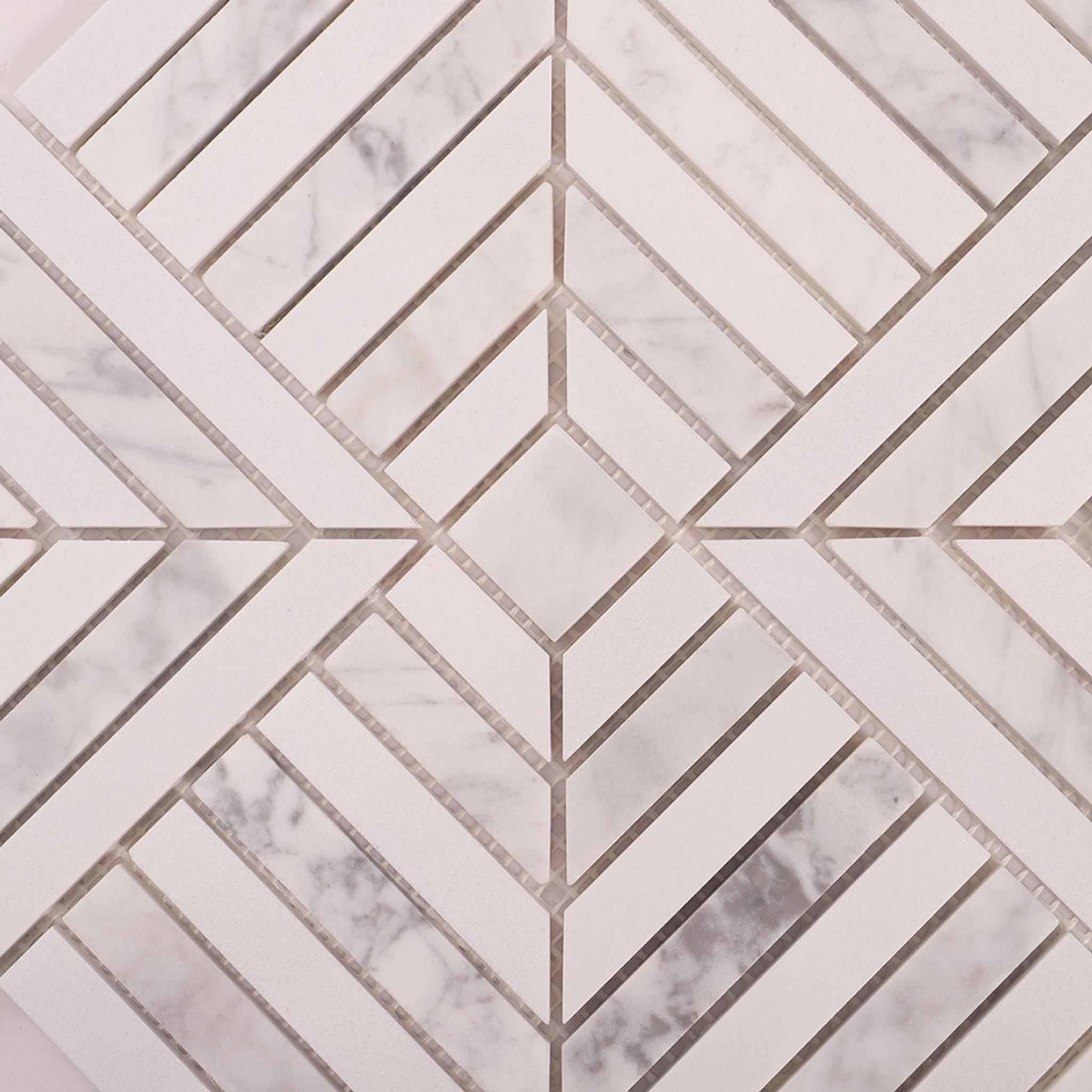 Carrara White Geometric Line Marble Mosaic Tile — mosaic ghép nghệ thuật bằng đá marble trắng & trắng Carrara