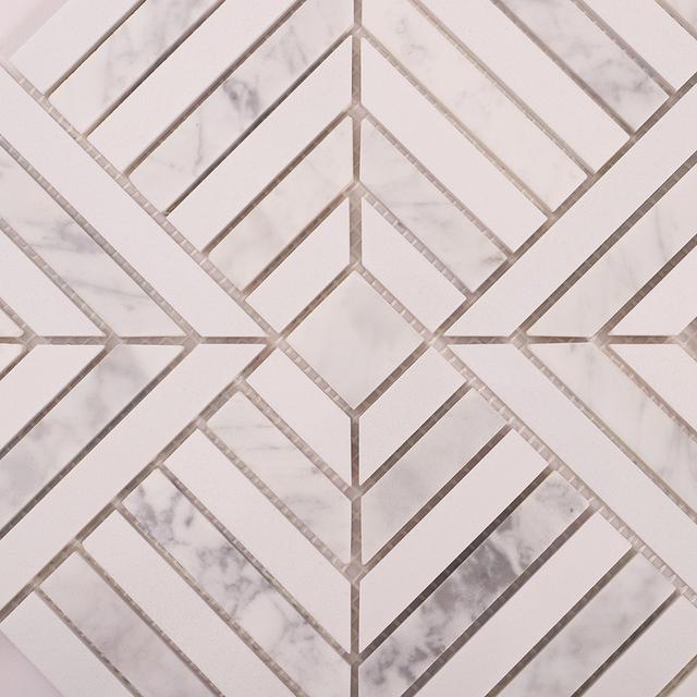 Carrara White Geometric Line Marble Mosaic Tile — mosaic ghép nghệ thuật bằng đá marble trắng & trắng Carrara