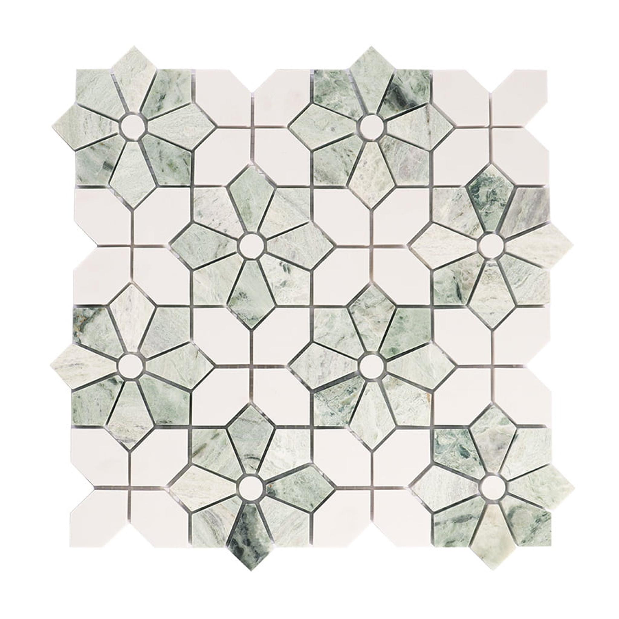 Green with White Marble Flower Mosaic Floor Tile — mosaic hoa văn waterjet bằng đá marble trắng & xanh lục