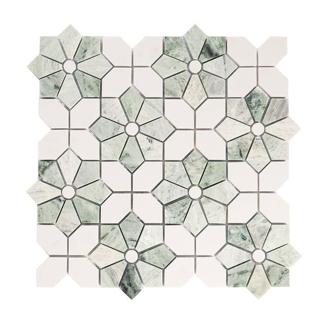Green with White Marble Flower Mosaic Floor Tile — mosaic hoa văn waterjet bằng đá marble trắng & xanh lục