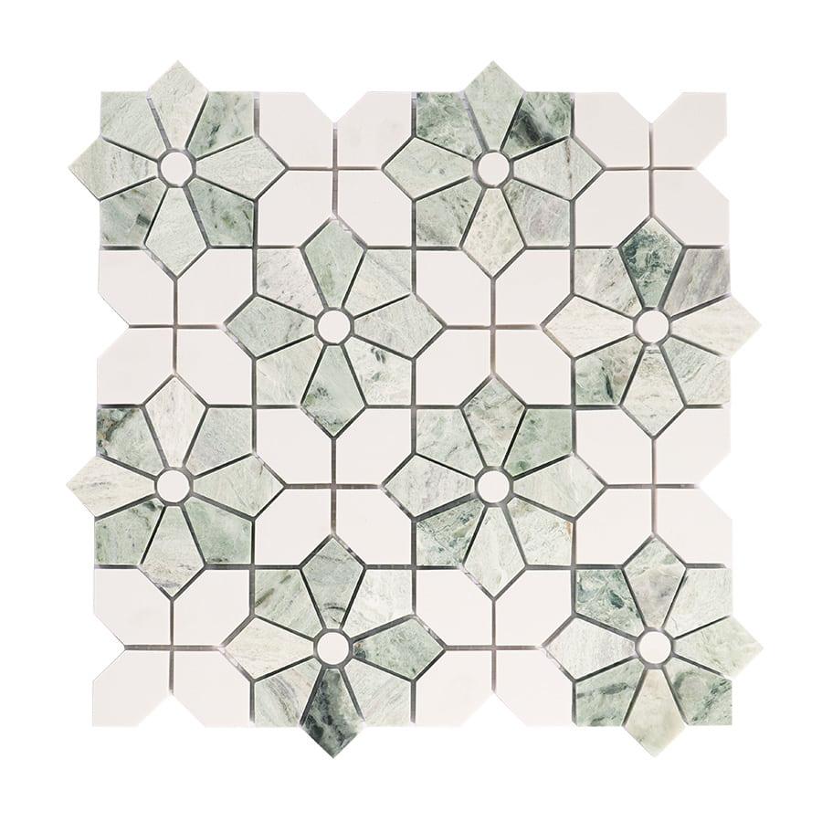 Green with White Marble Flower Mosaic Floor Tile — mosaic hoa văn waterjet bằng đá marble trắng & xanh lục