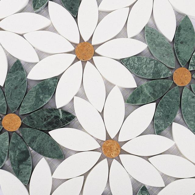 Empress Green and White Daisy Flower Marble Mosaic Tile — mosaic hoa văn waterjet bằng đá marble trắng & xanh lục