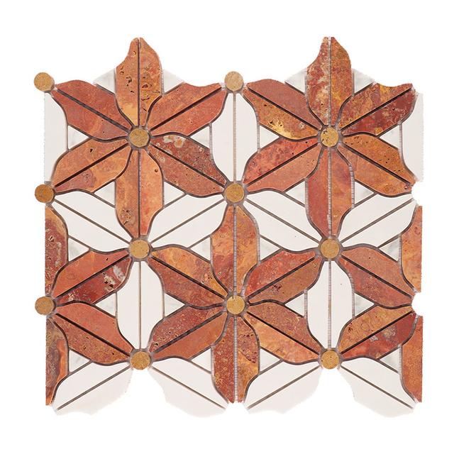 Red Travertine and White Flower Marble Floor Tile — mosaic hoa văn waterjet bằng đá travertine trắng & đỏ