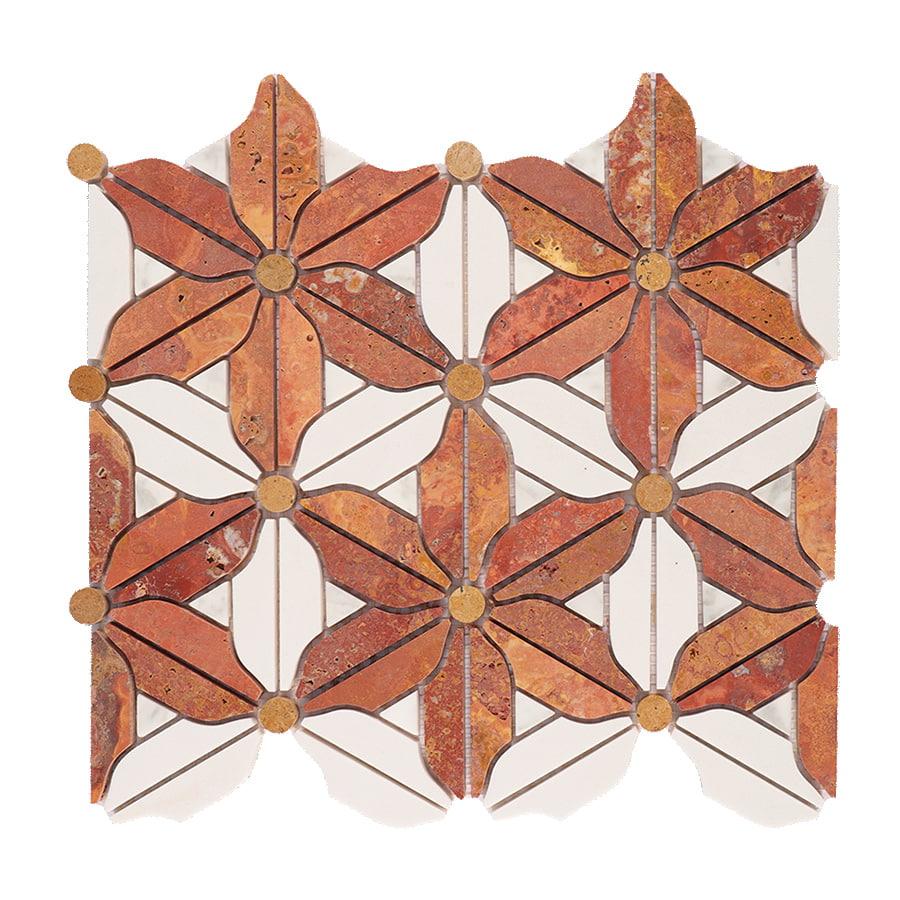 Red Travertine and White Flower Marble Floor Tile — mosaic hoa văn waterjet bằng đá travertine trắng & đỏ