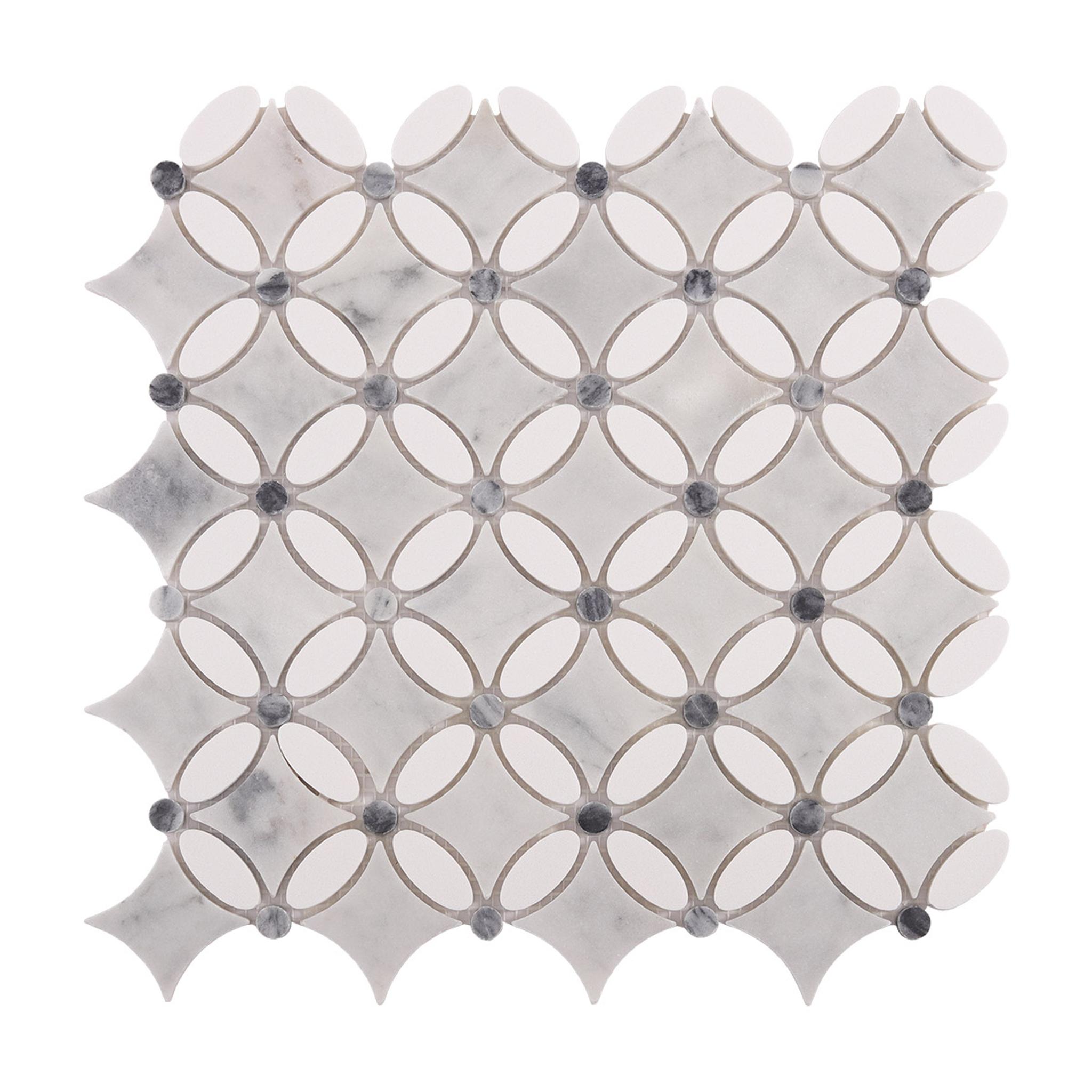 Thassos Gray and White Floral Marble Mosaic Tiles — mosaic hoa văn waterjet bằng đá marble trắng & xám