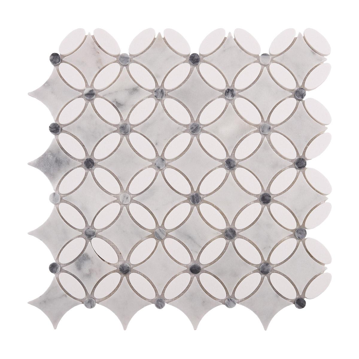 Thassos Gray and White Floral Marble Mosaic Tiles — mosaic hoa văn waterjet bằng đá marble trắng & xám