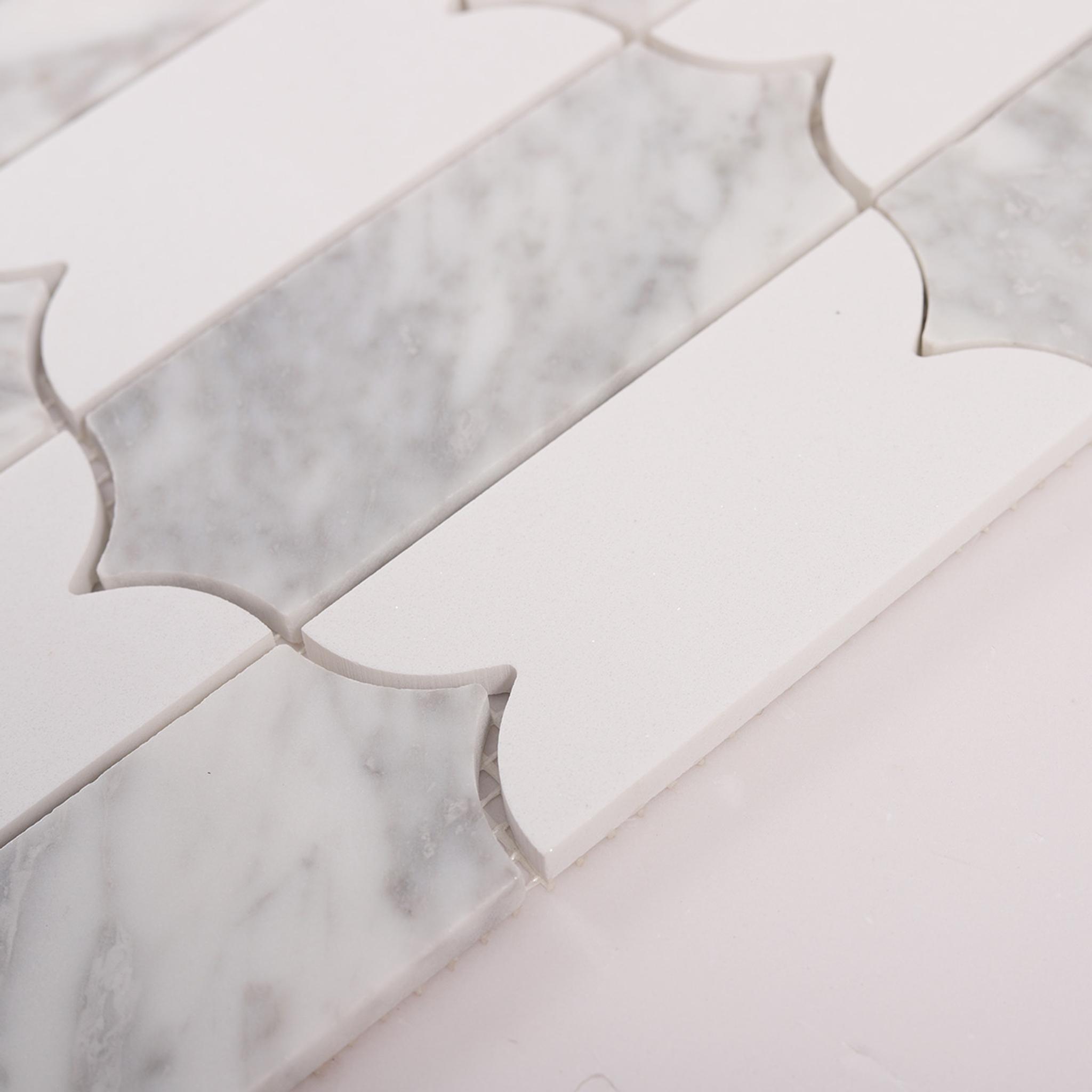 Scalloped Long Arabesque Mosaic Tile — mosaic vảy cá (fish scale) bằng đá marble trắng & trắng Carrara