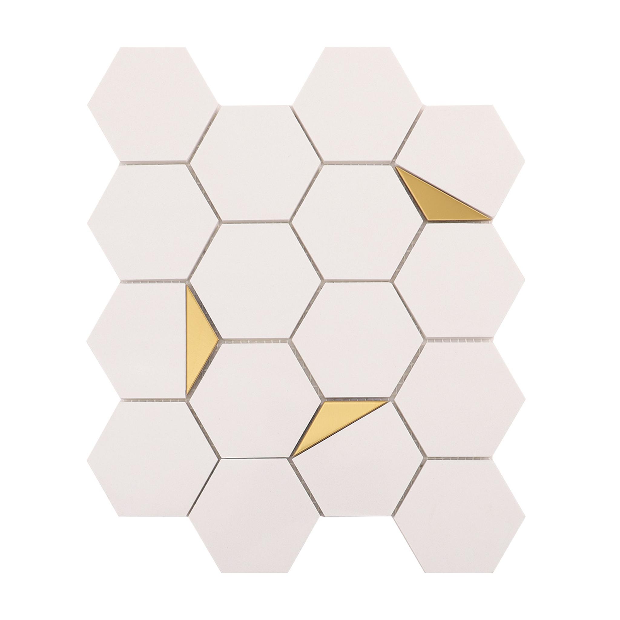White Hexagon Honed Marble Mix Metal Mosaic Tiles — mosaic lục giác bằng đá marble trắng