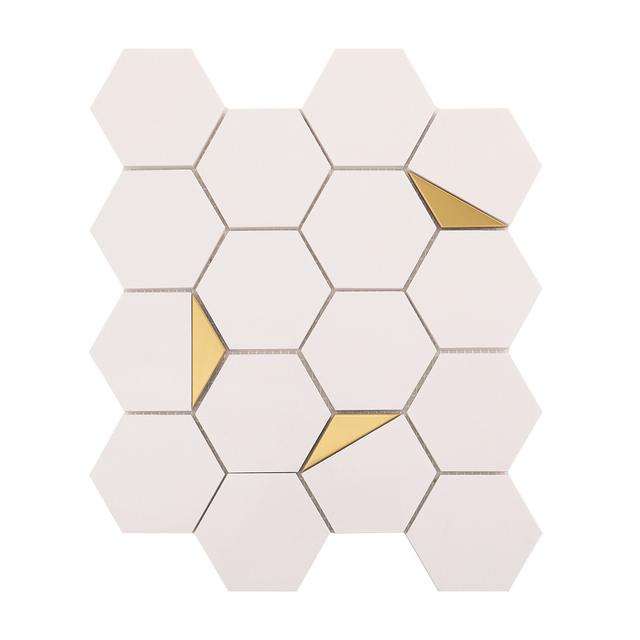 White Hexagon Honed Marble Mix Metal Mosaic Tiles — mosaic lục giác bằng đá marble trắng