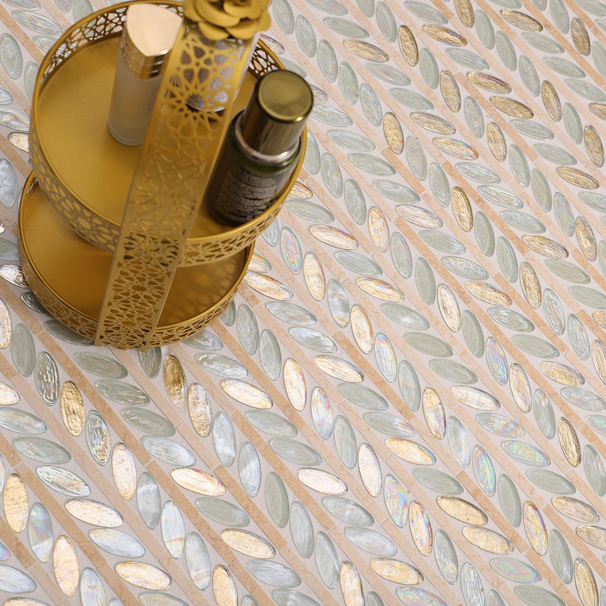Glass and Marble Oval Leaf Mosaic Tiles — mosaic ghép nghệ thuật bằng đá marble đỏ