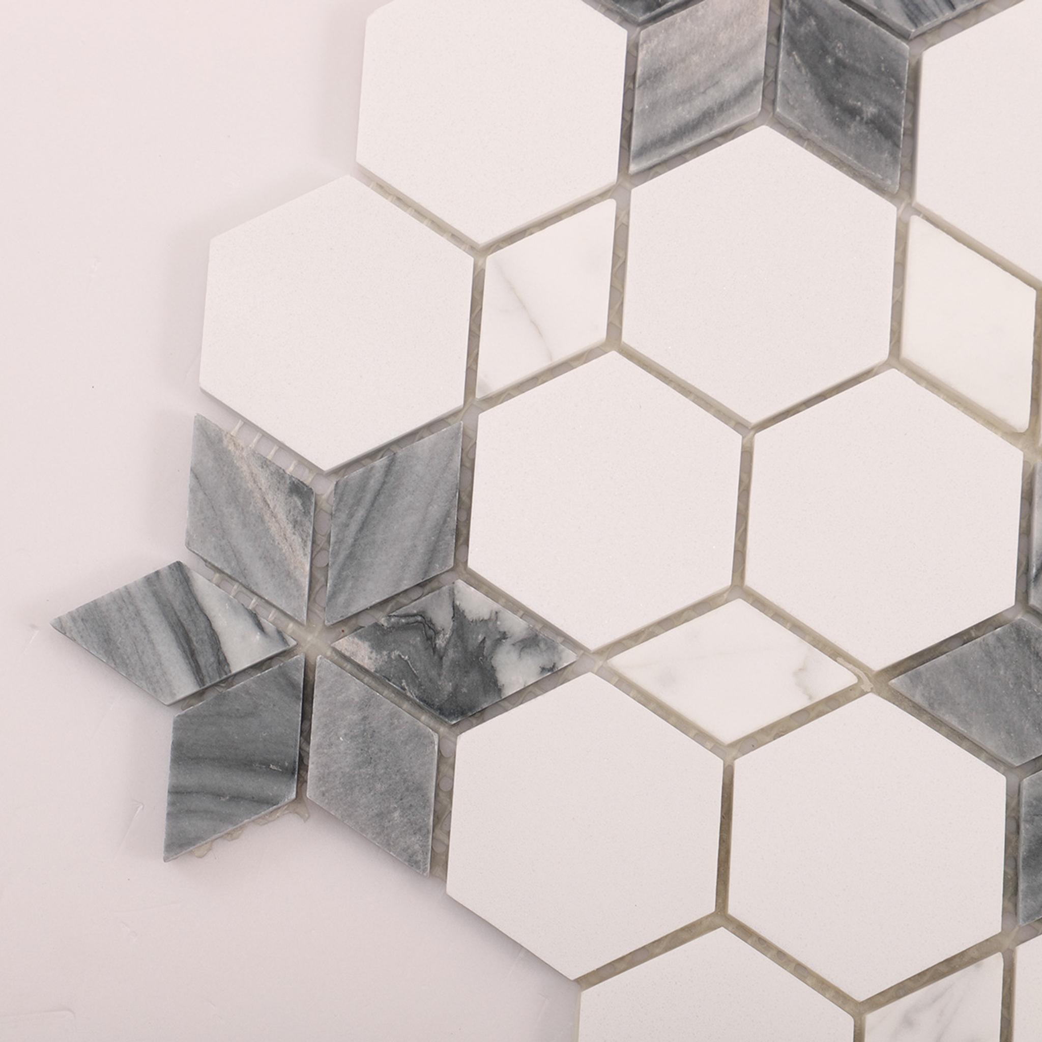 Hexagon White and Gray Marble Mosaic Tiles — mosaic lục giác bằng đá marble trắng & xám
