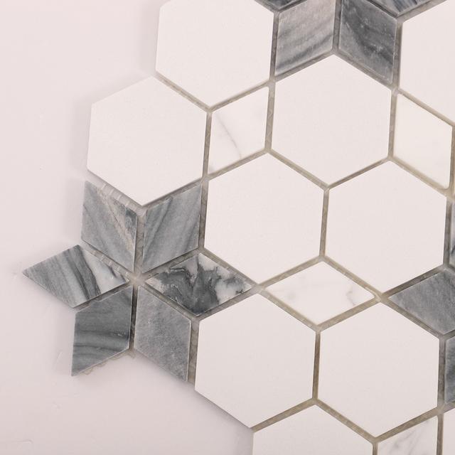 Hexagon White and Gray Marble Mosaic Tiles — mosaic lục giác bằng đá marble trắng & xám