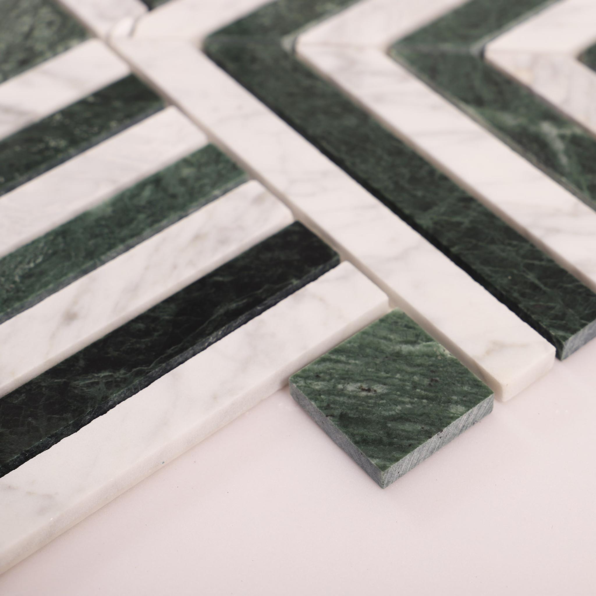Carrara White and Verde Green Geometric Marble Mosaic Tiles — mosaic ghép nghệ thuật bằng đá marble trắng & xanh lục