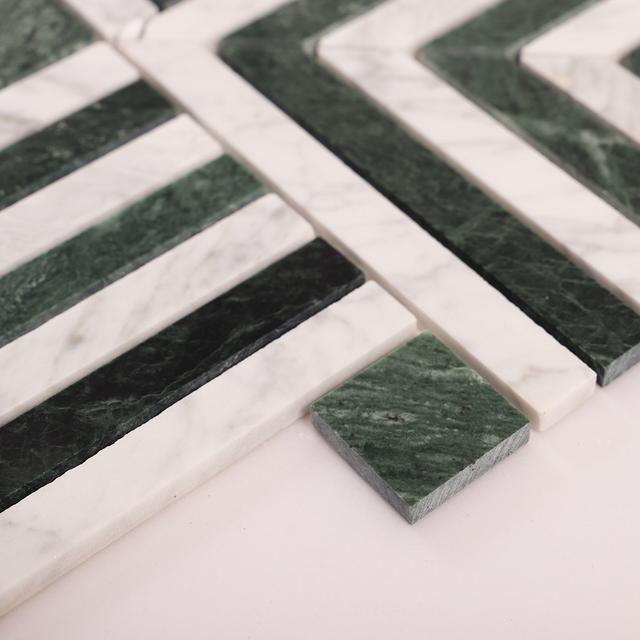 Carrara White and Verde Green Geometric Marble Mosaic Tiles — mosaic ghép nghệ thuật bằng đá marble trắng & xanh lục